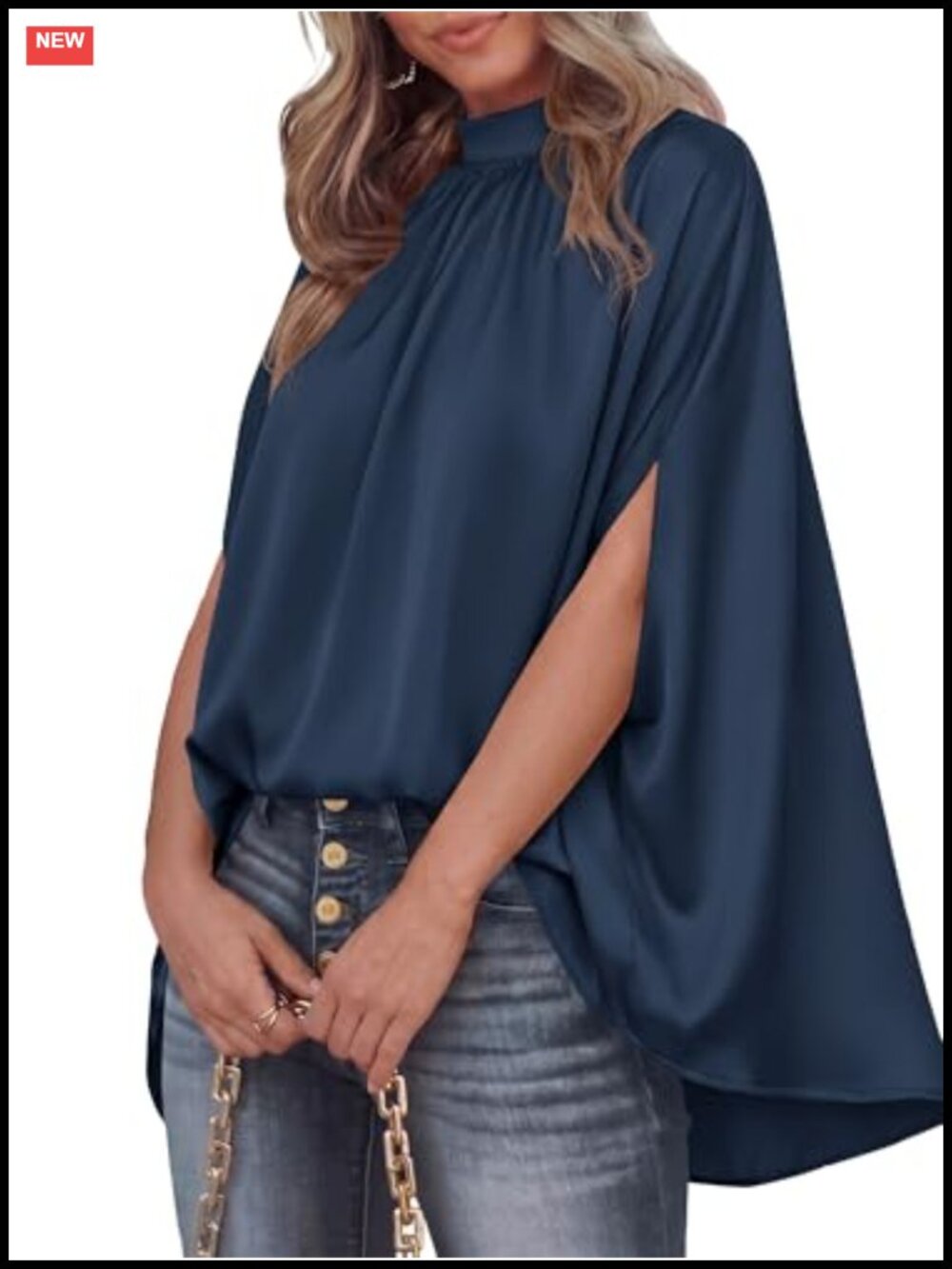 Oversized Satin Blouse with Batwing Sleeves and Mock Neck